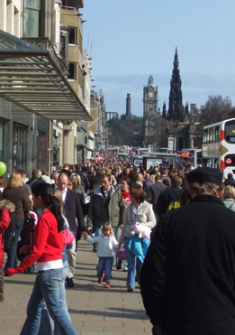 Lots of shoppers walking along Princes Street, Edinburgh